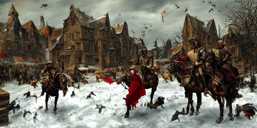 Image similar to RTS gameplay third person in style of Brueghel paintings, painting, Stronghold strategy gameplay, high detailed,dark fantasy, dark tones, medieval, snow, buildings, castle, armored units, red flags, cavalry,RPG, high detailed, contrast, octane render,mill, farm, creative