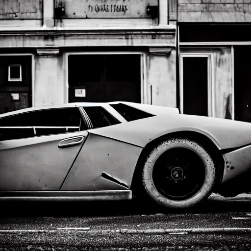 Image similar to black and white press photograph of a rusted abandoned lamborghini on a busy city street, sideview, detailed, natural light, mist, film grain, soft vignette, sigma 5 0 mm f / 1. 4 1 / 1 0 sec shutter, imax 7 0 mm footage