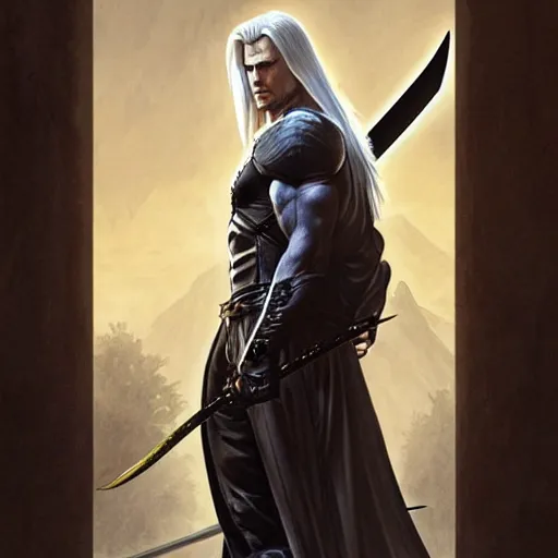 Image similar to Henry Cavill as Sephiroth wielding a katana, western, D&D, fantasy, intricate, elegant, highly detailed, digital painting, artstation, concept art, matte, sharp focus, illustration, art by Artgerm and Greg Rutkowski and Alphonse Mucha