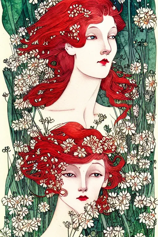 Prompt: realistic face of beautiful woman with red hair with flowers growing around, flower frame, detailed art by kay nielsen and walter crane, illustration style, watercolor