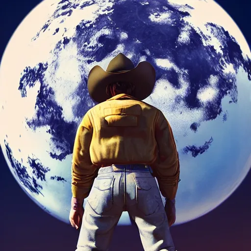 Image similar to cowboy on the moon, standing pose, planet earth background, photorealistic, octane render, blender render, unreal engine