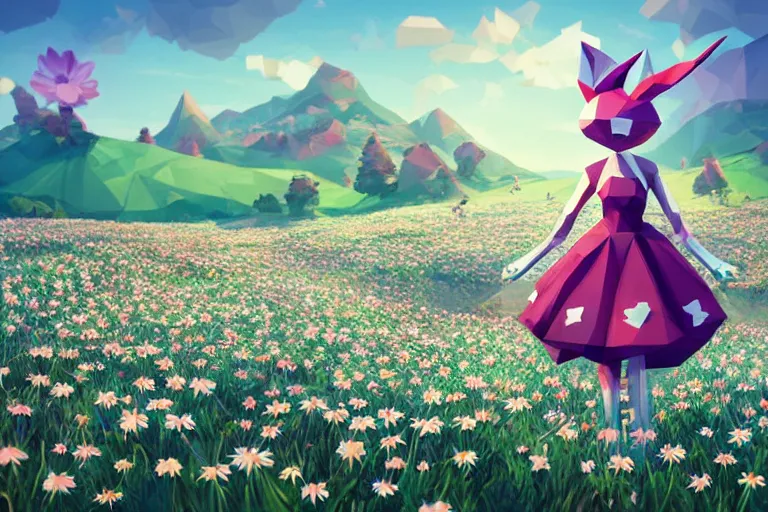Prompt: ( ( low poly ) ) playstation 1 9 9 9 running ( ( anthropomorphic ) ) ( ( lurantis ) ) maid wearing a hat standing in a ( field of daisies ), mount coronet in the distance digital illustration by ruan jia on artstation