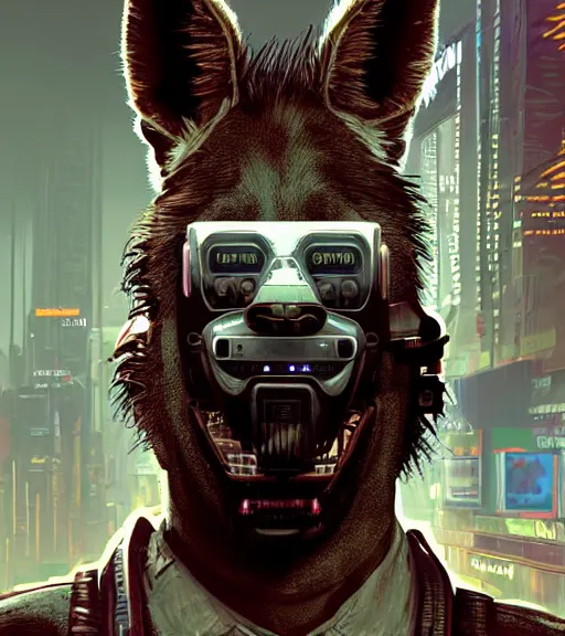 Image similar to new york city portrait icon of furry anthro anthropomorphic spotted hyena head animal person fursona wearing clothes strange cybernetic metal muzzle gloomy rainy screenshot from the video game cyberpunk 2077 digital art by Greg Rutkowski, Simon Stalenhag, christopher nolan trending on Artstation, CGSociety