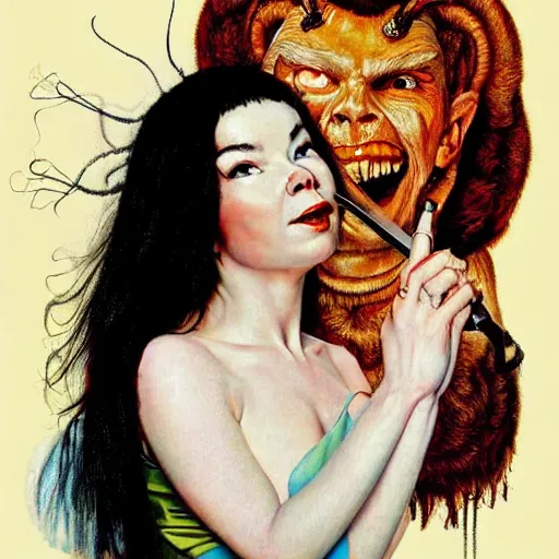 Image similar to a portrait painting of bjork and satan. Painted by Norman Rockwell