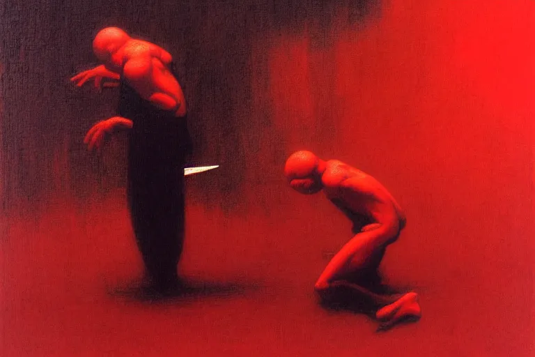 Image similar to only with red, a red samurai do seppuku, tokio, a lot of frogs watch, in the style of beksinski, parts by edward hopper, parts by rodcenko, parts by yue minjun, intricate and epic composition, red by caravaggio, insanely quality, highly detailed, masterpiece, red light, artstation, 4 k