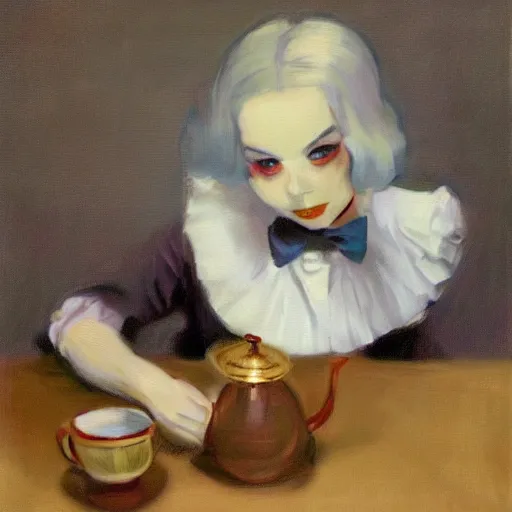 Prompt: tea time, Alice in Wonderland by Malcolm Liepke, hyper realism, 8k, trending on artstation