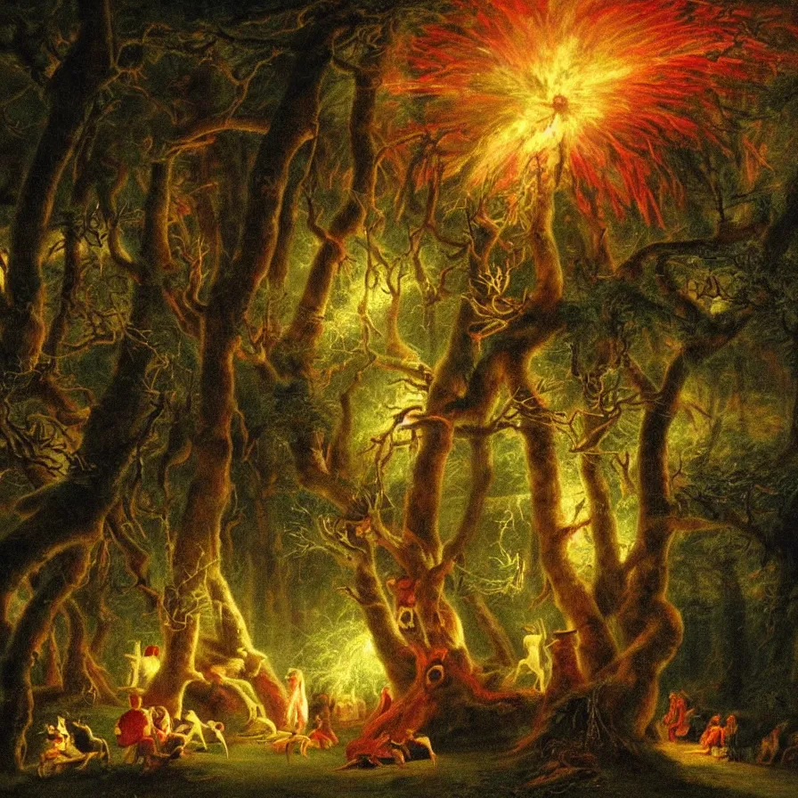 Image similar to closeup of a night carnival inside a tree cavity in a magical forest in the middle of a summer storm, with a music scenario with many fireworks and christmas lights, volumetric lightning, instense god rays in the sky, folklore people disguised with fantastic creatures in a magical forest by summer night, masterpiece painted by george stubbs, very coherent and colorful high contrast masterpiece,