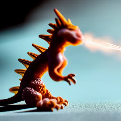 Image similar to macrophotography of a tiny dragon breathing fire onto a marshmallow. Cinematic.