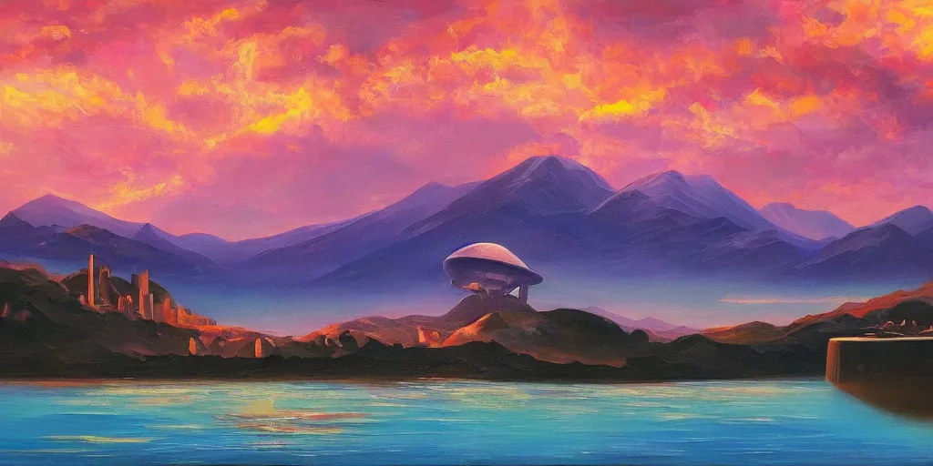 Prompt: a landscape with a futuristic city and spaceship flying in the sky, mountains, a lake and clouds in background at sunset, oil painting