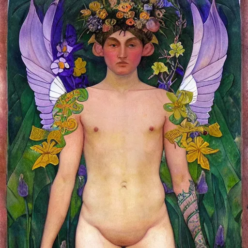 Image similar to the flower prince, by Annie Swynnerton and Nicholas Roerich and Diego Rivera, bioluminescent skin, tattoos, wings made out of flowers, elaborate costume, geometric ornament, symbolist, cool colors like blue and green and violet, smooth, sharp focus, extremely detailed