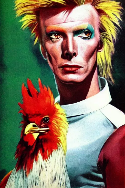 Image similar to scifi portrait of a rooster as David Bowie. McGinnis, pulp comic style, circa 1958, photorealism