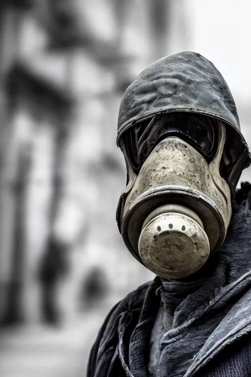 Image similar to an award winning portrait photo of a homeless person wearing a gas mask and hard helmet, 4 k, high quality, sharp focus