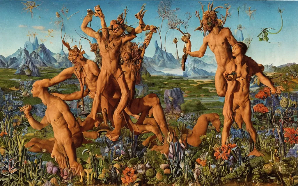 Image similar to a portrait photograph of a meditating satyr and a centaur monk riding a rocket machine and hunting at a river delta. surrounded by bulbous flowers and trees. mountain range under a blue sky of fiery stars. by jan van eyck, max ernst, ernst haeckel, ernst fuchs and artgerm, cgsociety, fashion editorial, 8 k