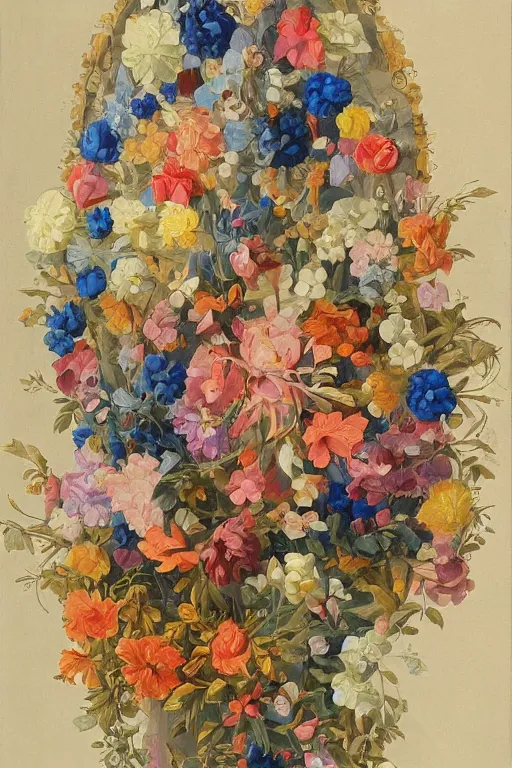 Prompt: a painting of a abstract geometric character made from flowers, flemish baroque, neoclassicism, made of flowers