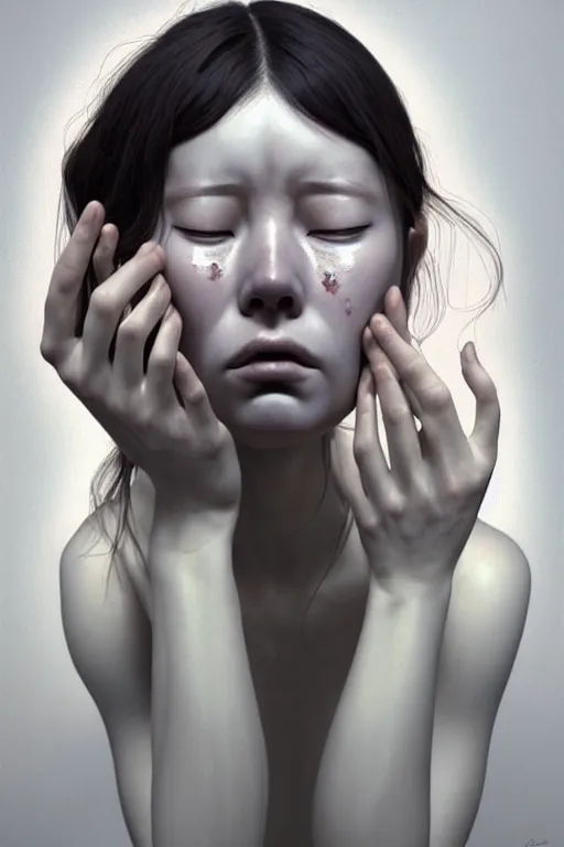 Prompt: hyperrealistic photography of a beautiful crying woman looking at her hands in the style of jin kagetsu, james jean, chris cunninham, hans bellmer and wlop, highly detailed, face symmetry, masterpiece, award - winning, sharp focus, intricate concept art, ambient lighting, 8 k, artstation