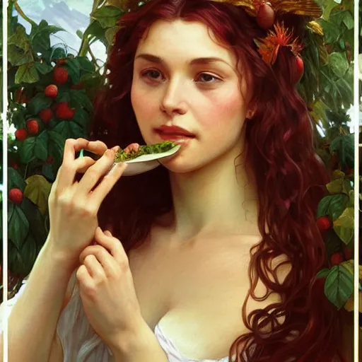 Image similar to eve eating fruit from the tree of knowedge of good and evil in the gardnen of eden, highly detailed, digital painting, artstation, concept art, smooth, sharp focus, illustration, artstation, art by artgerm, greg rutkowski, alphonse mucha, ilya repin and charlie bowater