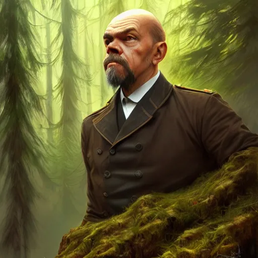 Image similar to photo of davy jones vladimir lenin face in the forest, highly detailed, digital painting, artstation, smooth, sharp focus, illustration, art by artgerm and greg rutkowski and alphonse mucha