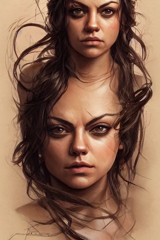 Image similar to tough Mila Kunis as a ruggedly handsome heroine, intricate, elegant, highly detailed, centered, artstation, concept art, smooth, sharp focus, illustration, bokeh art by artgerm and donato giancola and Joseph Christian Leyendecker, WLOP