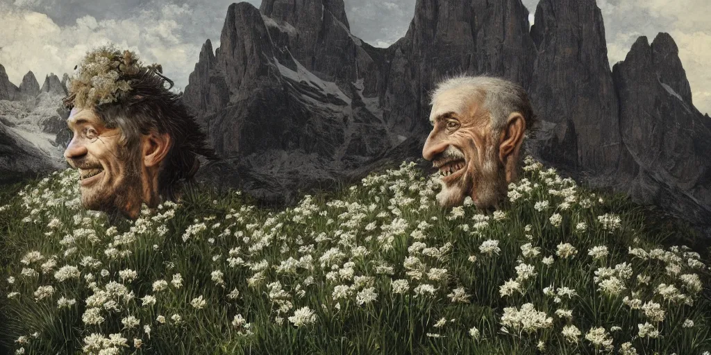 Image similar to old alpine famers head being overgrown by edelweiss, smiling, dolomites in background, dark, eerie, despair, portrait photography, artstation, digital art, adward winning, concept art, artstation, highly detailed, sharp focus, by caravaggio