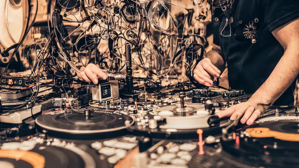 Image similar to a person wearing goggles and visor and headphones using a steampunk record player contraption, wires and tubes, turntablism dj scratching, intricate planetary gears, complex, cinematic, imax, sharp focus