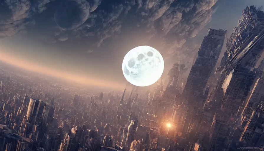 Image similar to giant moon in the sky going to smash the earth, view from new york city, hyperdetailed, artstation, cgsociety, 8 k