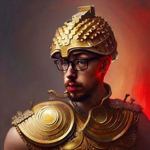 Prompt: Sam Hyde wearing a futuristic Roman warrior armor with gold and red details, exposed in cryo chambers by James Jean, intricate, elegant, highly detailed, centered, digital painting, artstation, concept art, smooth, sharp focus, illustration, by Peter Mohrbacher, WLOP