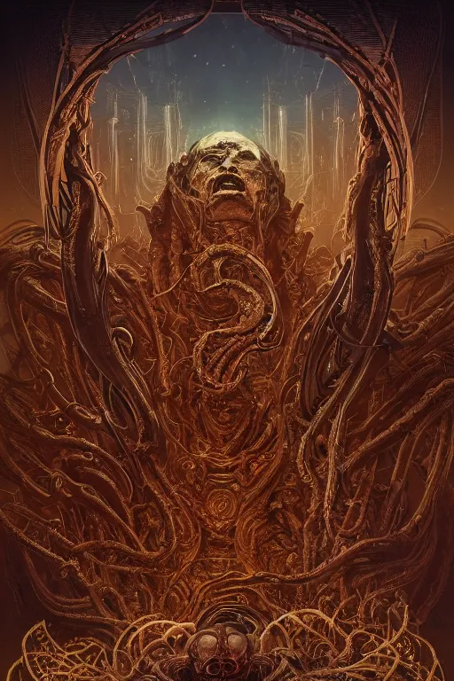 Prompt: detailed poster art style by hybrid from Doom and art direction by Darius Zawadzki ,in style of Midjourney, detailed and intricate, golden ratio, elegant, ornate, horror, elite, ominous, haunting, matte painting, cinematic, cgsociety, H.R. Giger, James jean, Noah Bradley, Darius Zawadzki, Zdizslaw Beksinski, Artstation trending, 8k, vivid and vibrant; cinematic quality character render; low angle; ultra high quality model; production quality cinema model;