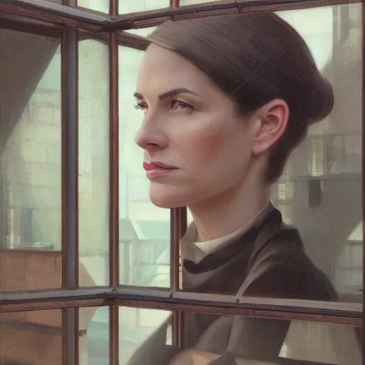 Image similar to detailed face of an intelligent clothed woman with kind eyes in a architectonic courtyard with transparent displays at a science expo, atmospheric, ambient, pj crook, syd mead, livia prima, artgerm, greg rutkowski, nick alm, casey baugh