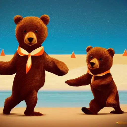 Image similar to Bears dancing at a party at the beach, cinematic, atmospheric, 8k resolution, ArtStation, Hyperrealistic