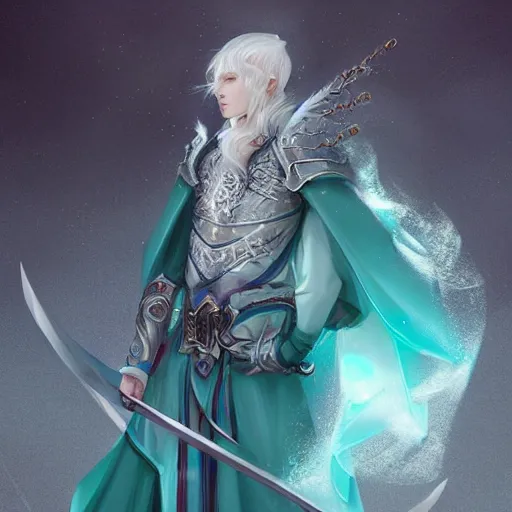 Prompt: handsome male snow elf in a turquoise cape and silver ornate armour as an archer, albino skin, pale pointed ears, ethereal opalescent mist, winter vibes, perfect face, elegant, very coherent symmetrical artwork, by wenjun lin, krenz cushart, charlie bowater, trending on artstation