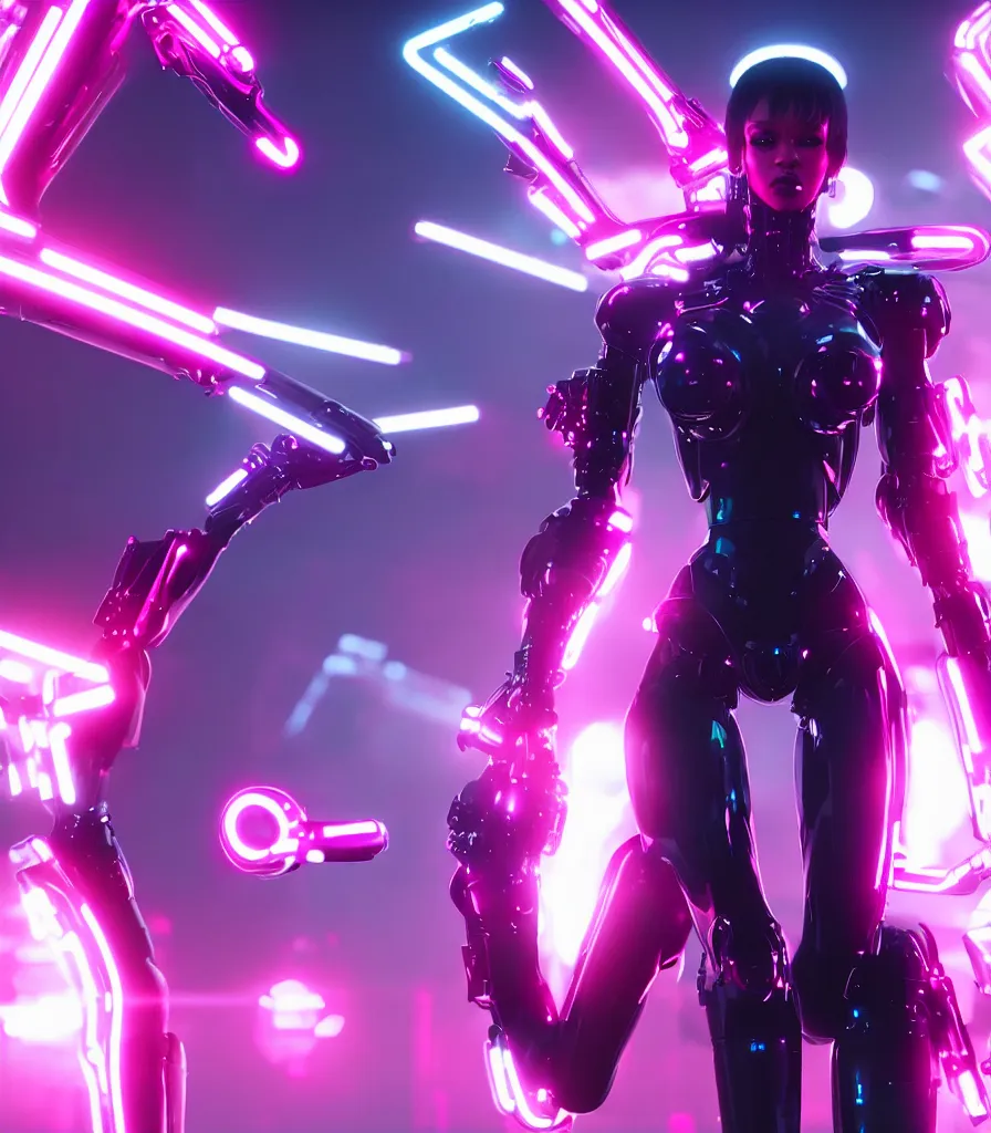 Image similar to cinematic, photography, a beautiful rihanna cyborg, perfect bionic body, pink chrome armor, neon holographic ui data displays, pink space gun, hajime sorayama, masamune shirow, octane rendered, 4 k, lens flare,