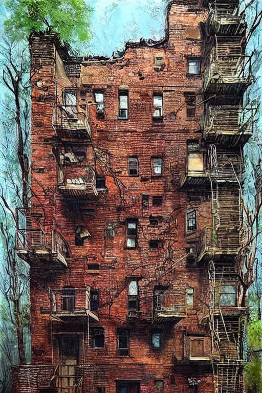 Image similar to (((((a ramshackle manhattan brick brownstone deep in the forest))))) by Dmitry Dubinsky!!!!!!!!!!!!!!!!!!!!!!!!!!!