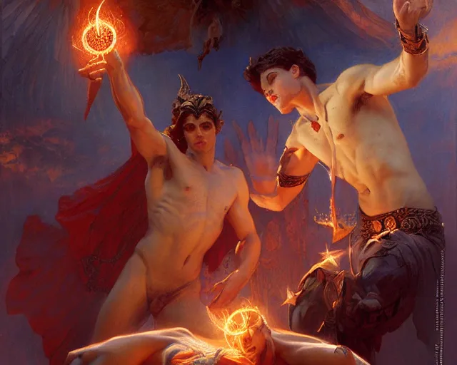 Image similar to attractive male deity, casting demonic magic, summoning handsome lucifer morning star. highly detailed painting by gaston bussiere, craig mullins, j. c. leyendecker 8 k