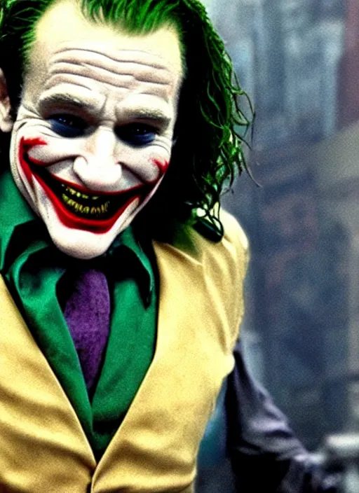 Image similar to film still of Robin Williams as The Joker in The Dark Knight, 4k