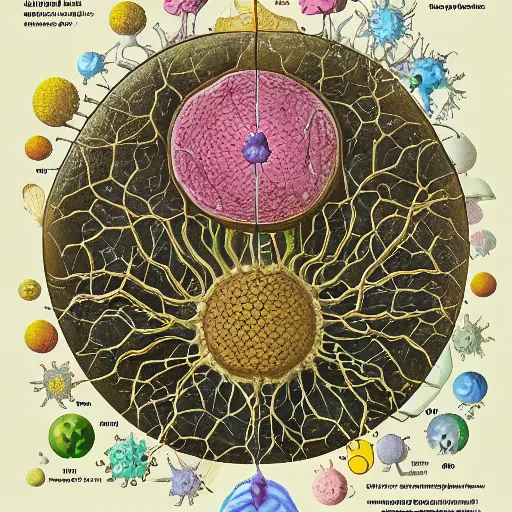 Prompt: biological cell with organoids scientific illustration by Jan van Kessel
