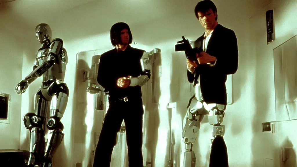 Image similar to movie still of pulp fiction but with robots, movie still, cinematic composition, cinematic light, by edgar wright and david lynch