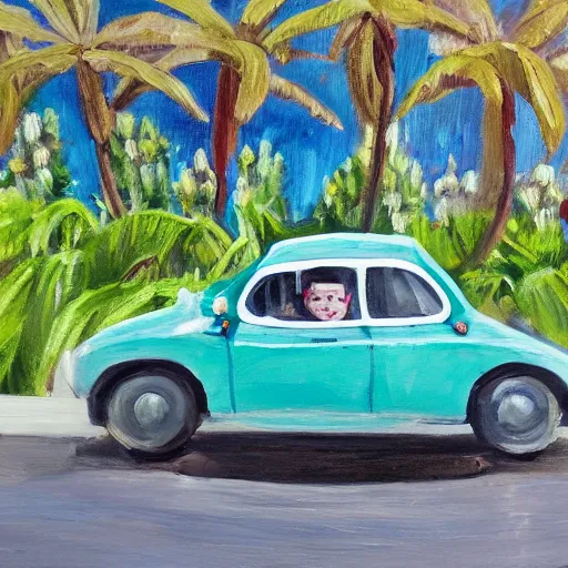Image similar to photo of a frog in a tuxedo driving car, oil painting, portrait, palm trees