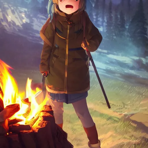 Image similar to yuru camp anime campfire hyperdetailed blue eyes, trending on artstation, cinematic lighting, highly realistically detailed, trending on pixiv , Unreal Engine 4k, detailed faces, manga cover, official anime key visual by greg rutkowski