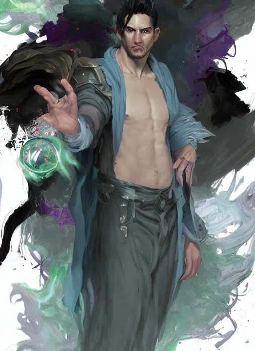 Prompt: character concept portrait of a handsome young corrupted hispanic wizard with olive skin casting a necromancy spell, a floating iridescent spell book in the center, intricate, elegant, digital painting, concept art, smooth, sharp focus, illustration, from Metal Gear, by Ruan Jia and Mandy Jurgens and Artgerm and William-Adolphe Bouguereau