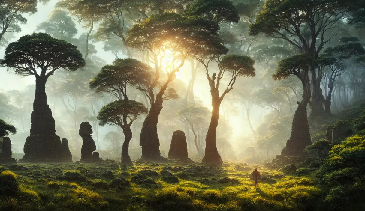 Image similar to detailed intricate digital landscape illustration by greg rutkowski and artgerm and wlop and sanford robinson gifford ; moai statue in yggdrasil forest thick trees ; 1 3 mm film still, wide angle arri alfa anamorphic lens, motion blur ; sharp focus, soft evening lighting with gleaming sun rays ; trending on artstation 4 k