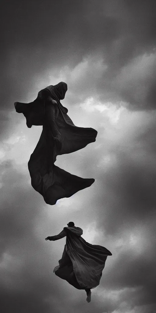 Prompt: a man, floating in the air, billowing cloak, drawn by nicholas delort!! graphic black and white, low camera, wide angle, centered composition, golden ratio