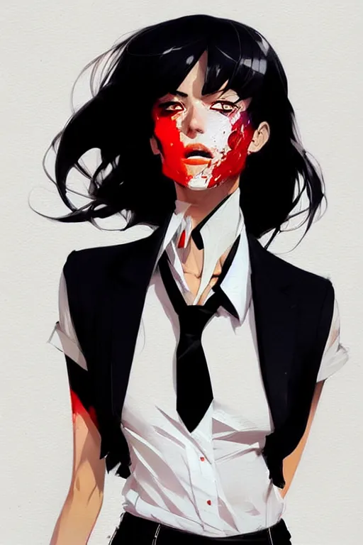 Image similar to a ultradetailed beautiful panting of a stylish woman, she is wearing a white shirt with a tie and black pants, by conrad roset, greg rutkowski and makoto shinkai trending on artstation