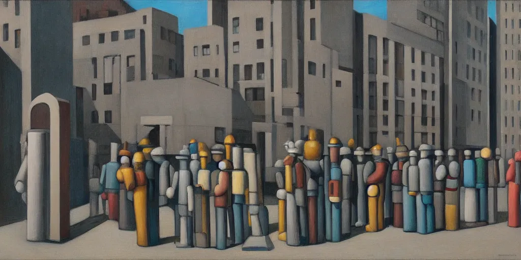 Image similar to robots queue up in a stark brutalist town, street elevation, grant wood, pj crook, edward hopper, oil on canvas