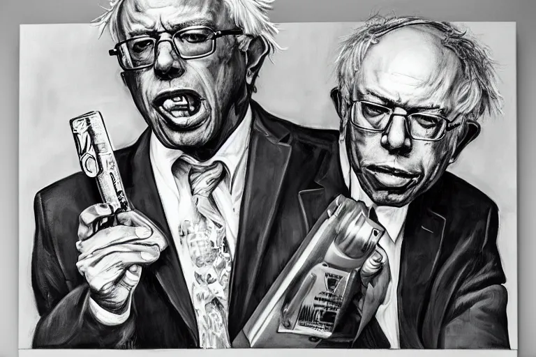 Image similar to Bernie Sanders as gangsta rapper, drinking cough syrup, carrying an Uzi, oil on canvas, artstation, portrait, masterpiece, aesthetic