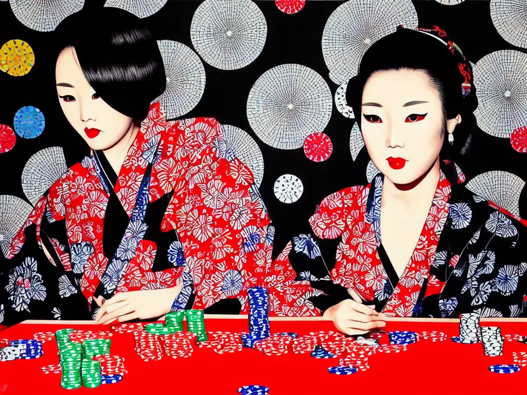 Image similar to hyperrealism composition of the detailed woman in a japanese kimono sitting at an extremely detailed poker table with darth vader, fireworks and folding screen on the background, pop - art style, jacky tsai style, andy warhol style, acrylic on canvas