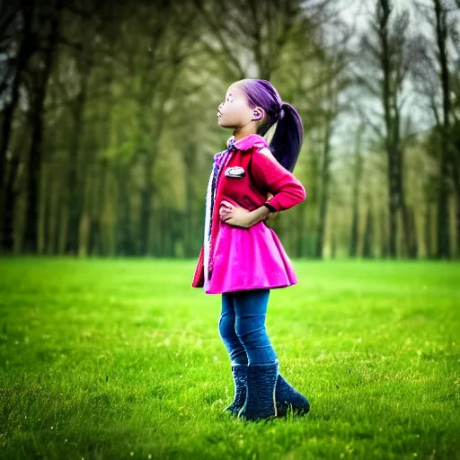 Prompt: a young girl plays on a great green meadow, she wears a jacket, jeans and boots, she has ponytails, photo taken by a nikon, highly detailed, sharp focus