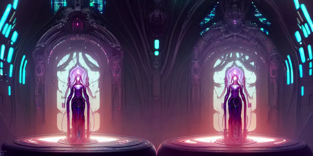 Prompt: ultra detailed female android deity, altar, futuristic gothic environment, ethereal flowerpunk, scifi, fantasy, cyberpunk, octane render, megalopolis, unreal engine, asymmetrical!!! intricate concept art, triadic color, art by artgerm and wlop and giger and greg rutkowski and alphonse mucha, 8 k