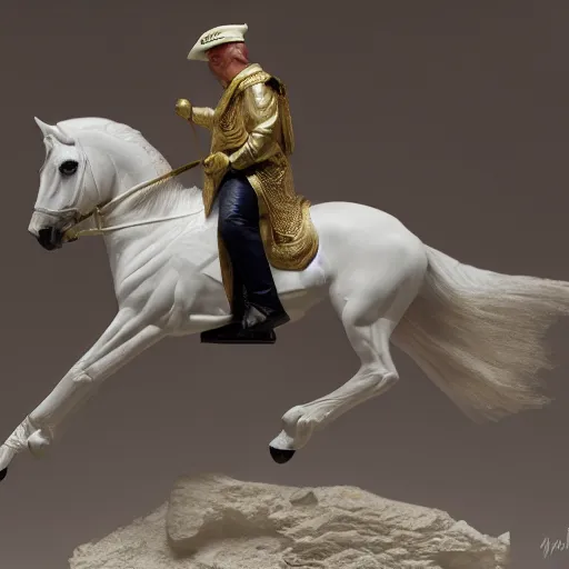 Prompt: Donald Trump riding a white horse, wide lens, diorama, 4k, photorealism