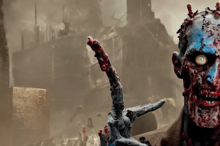 Image similar to film still of zombie zombie Ebony Maw as a zombie in new avengers movie, 4k