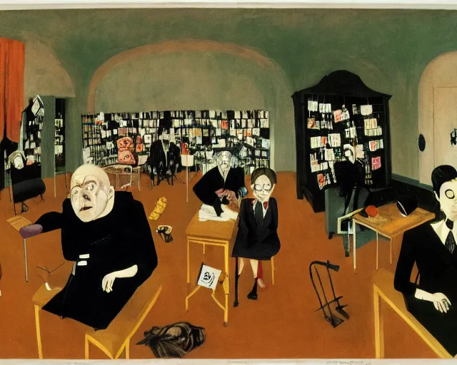 Prompt: the horror of beaurocracy, papers, horror, desks, office, waiting, stress, frustration, anger, crowded, harsh cinematic lighting, high qulity, 4 k, by charles addams and hilma af klint and affandi